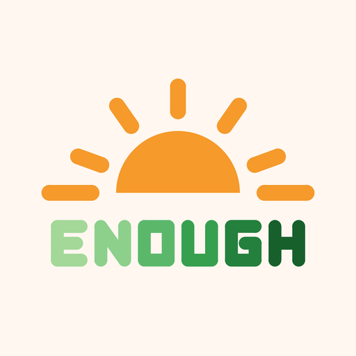 괜찮은 하루 Good Enough Day 앱 아이콘 — 지평선 위로 뜨는 해와 ENOUGH