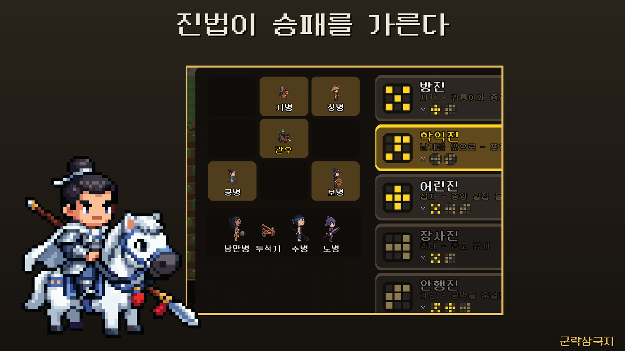 군략삼국지 3×3 진법 선택 화면 — 방진·학익진·어린진·장사진·안행진